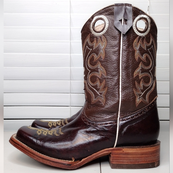 Boots Men's Brown Leather Pull-On Square Toe Rodeo Cowboy Western Boots Sz 8 - Picture 4 of 16